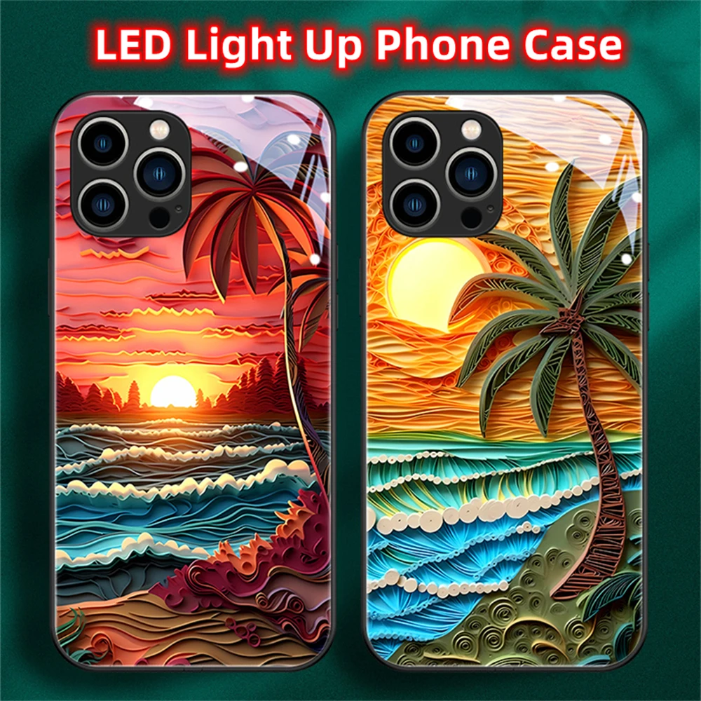 

Hot Summer LED Light Glowing Luminous Glass Back Phone Case For Samsung S23 S22 S21 FE Note 10 20 Plus Ultra A54 A14 A53 A52 A51