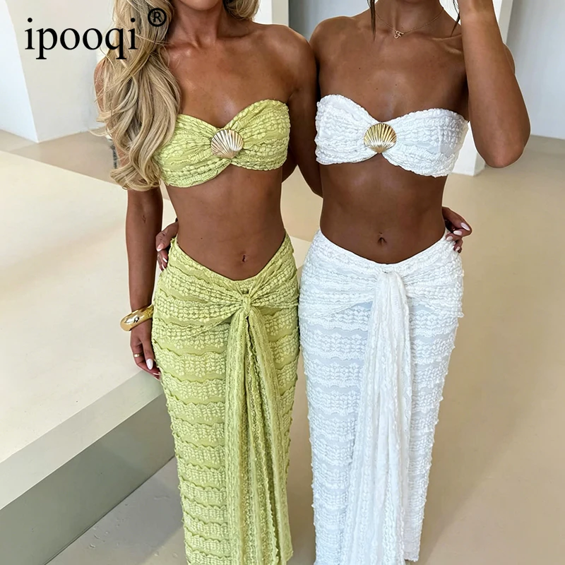 

ipooqi Sexy 2 Piece Set Women Summer Beach Outfits Bandeau Crop Top and Draped Ruched Maxi Skirt Set Holiday Vacation Outfits