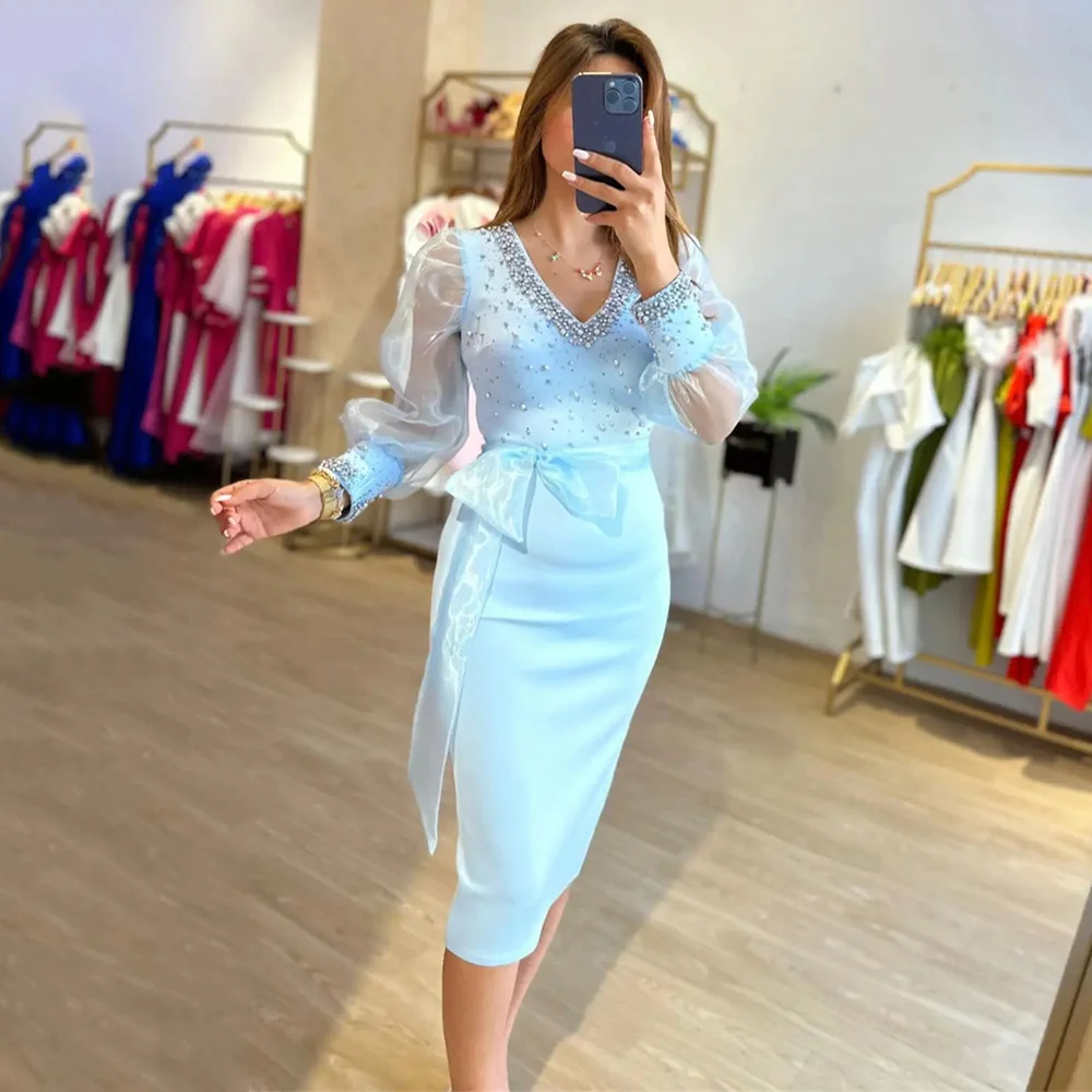 

Ball V Neck Long Sleeve Illusion Patchwork Prom Gown Bow Tea-Length Temperament Party Dresses Sparkly فساتين السهرة 2023 جديده