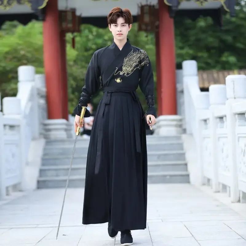 Autumn Handsome Black Dragon Embroidered Samurai Hanfu Dresses Chinese for Men Japanese Samurai Swordsman Party Cosplay Costumes