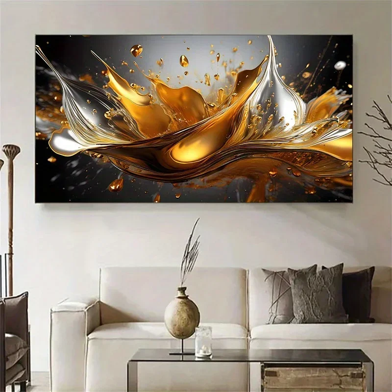 (1PC Unframe)Frameless Golden Liquid Flow Modern Art Home Decora Poster Canvas Art Print for Living Room, Bedroom, Corridor Abs