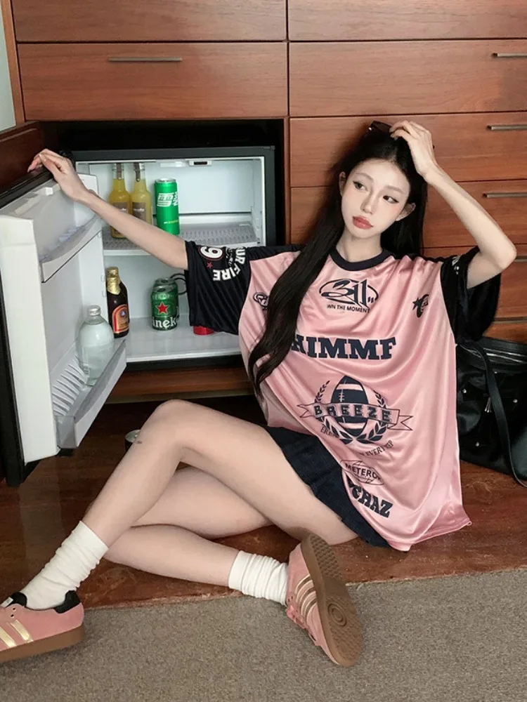 ADAgirl Satin Pink Sport T Shirts Women Letter Print Patchwork Short Sleeve Tops American Retro Summer Basketball Loose Clothes