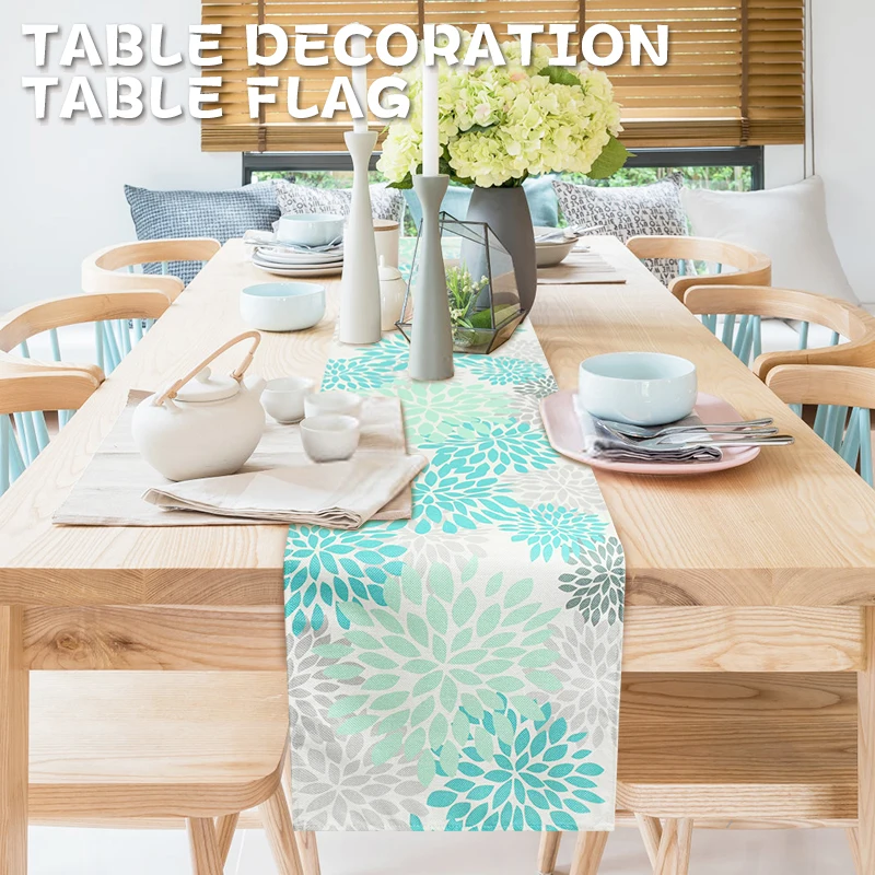 

Green Blue Flower Linen Table Runner Home Kitchen Table Decoration Wedding Festival Party Washable Dining Table Runners Decor
