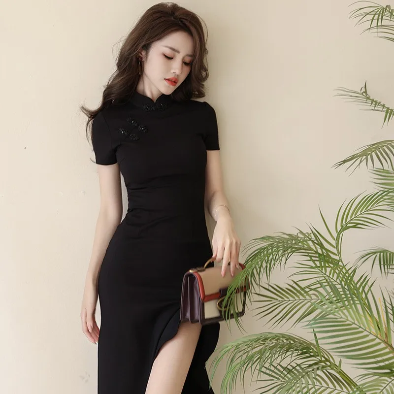 فستان تشيباو نسائي أسود غير منتظم بذيل السمكة، موديل صيف 2025 الجديد، خصر مرتفع، قطن، أكمام قصيرة، تصميم أساسي للمنزل والأعمال #3