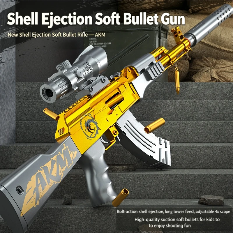 Manual Bolt Action Shell Ejecting AKM Soft Bullet Toy Gun, Kids Battle Game Model for Boys, Outdoor Shooting Game Gift