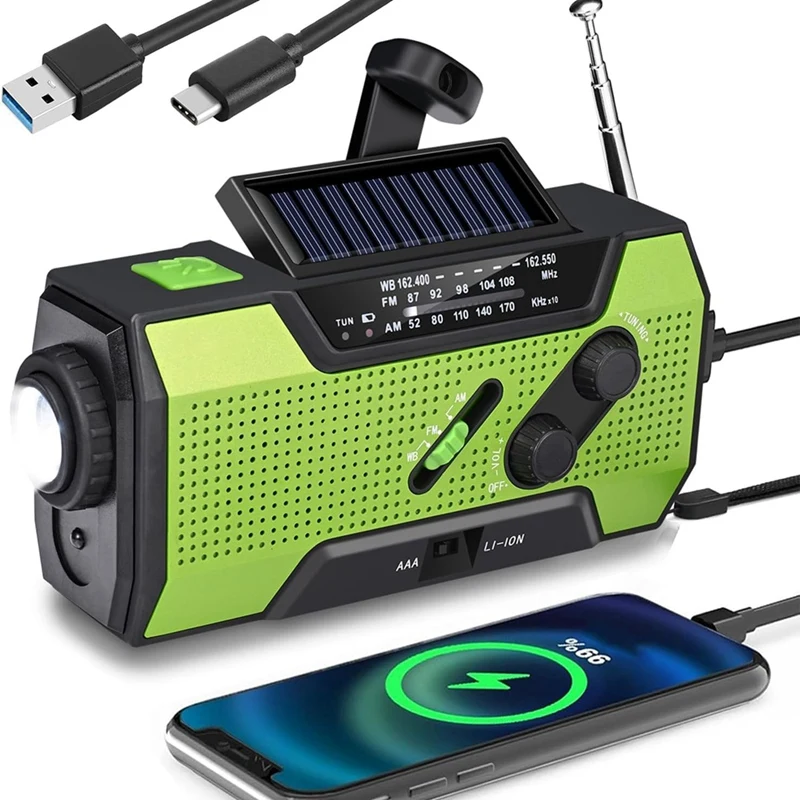 Emergency Weather Radio Hand Crank Portable Solar Charging With AM/FM/NOAA LED Flashlight SOS Alert 2000Mah