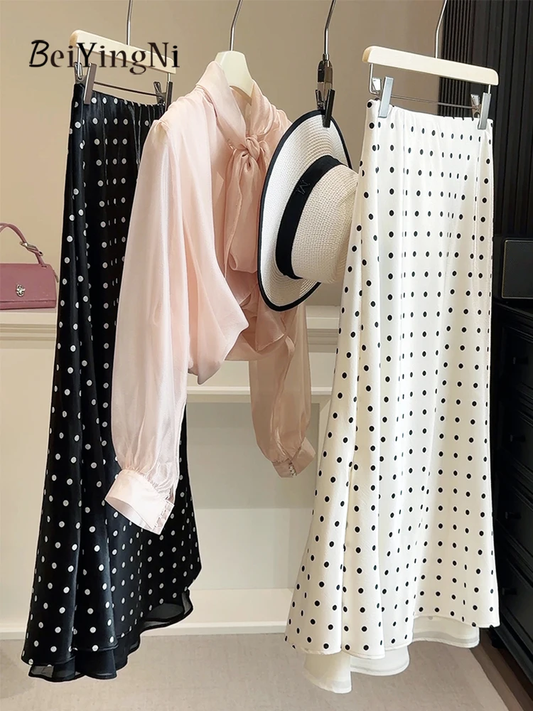

Элегантная женская юбка миди в горошек в стиле ретро Beiyingni, с сетчатыми вставками, высокой талией, из атласа, А-силуэта, с разрезом