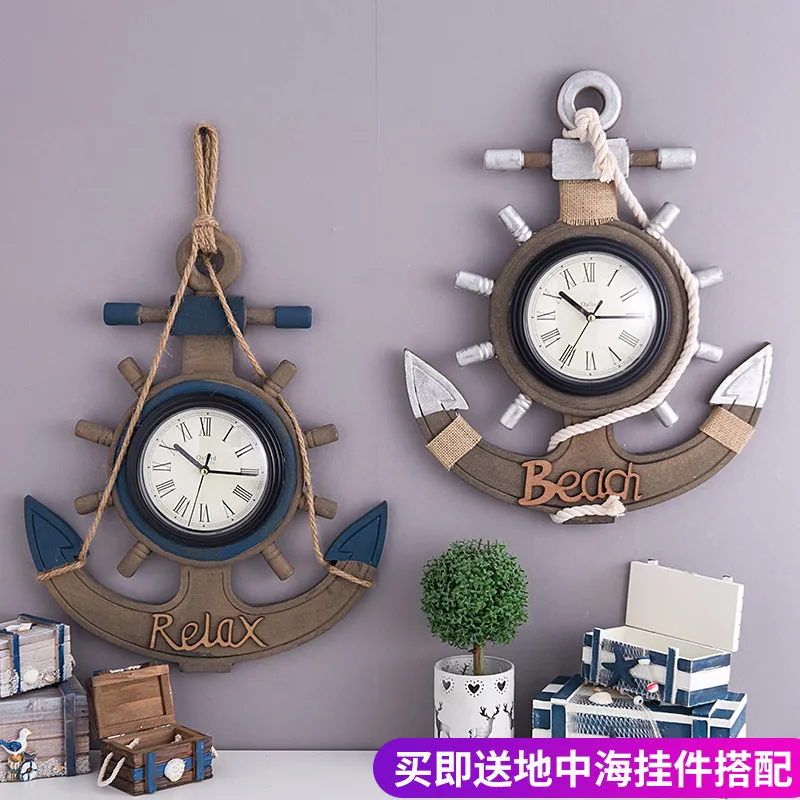 Vintage 3d Wall Clock Wooden Bar Boat Rudder Mediterranean Anchor Living Room Clocks Old Decorations Antique Reloj Decor SC207