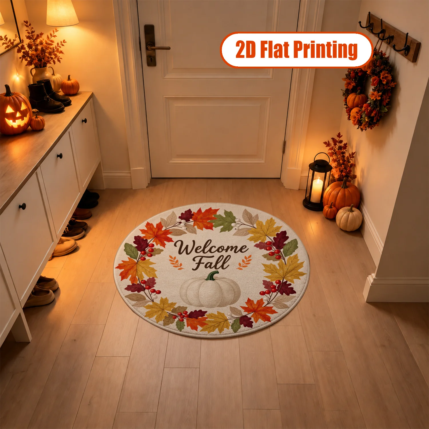 Soft Autumn Maple Leaves White Pumpkin Welcome Fall Pattern Round Velvet Decorative Mat Machine Washable, Ideal for Front Door, Living Room, Dining Space, Entryway, Suitable for Halloween, Thanksgiving, Christmas, New Year Holiday Decoration