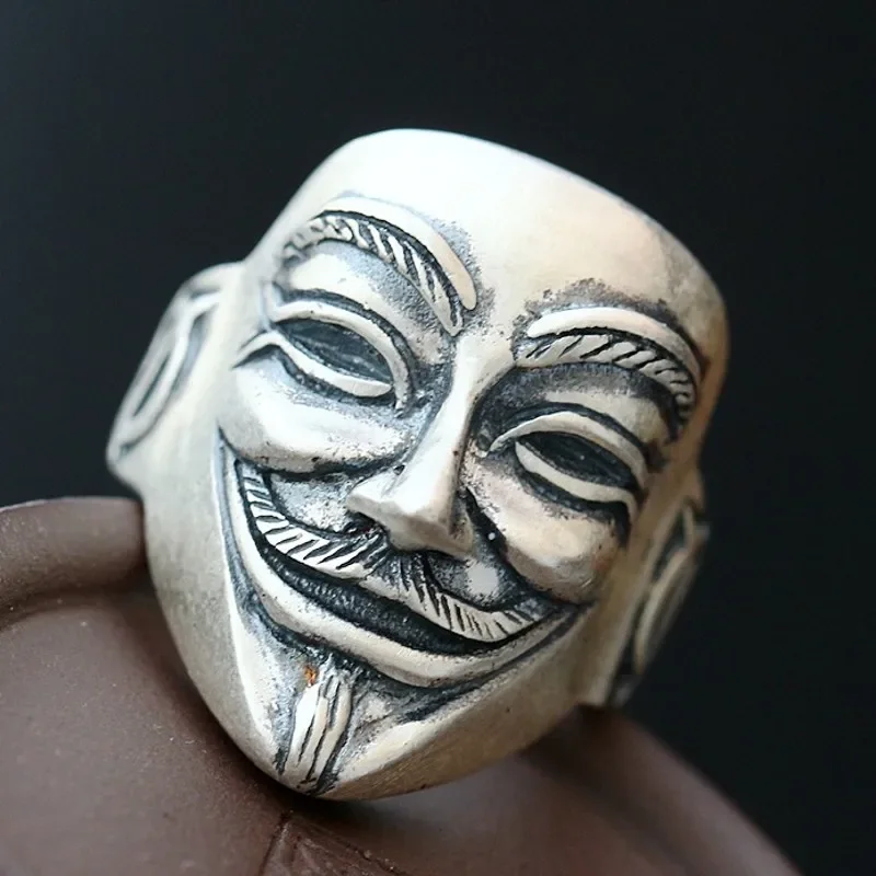 

New Antique S925 Silver Jewelry Accessories Trendy Punk Style Hip-Hop V-face Ghost Killer Team Mask Ring