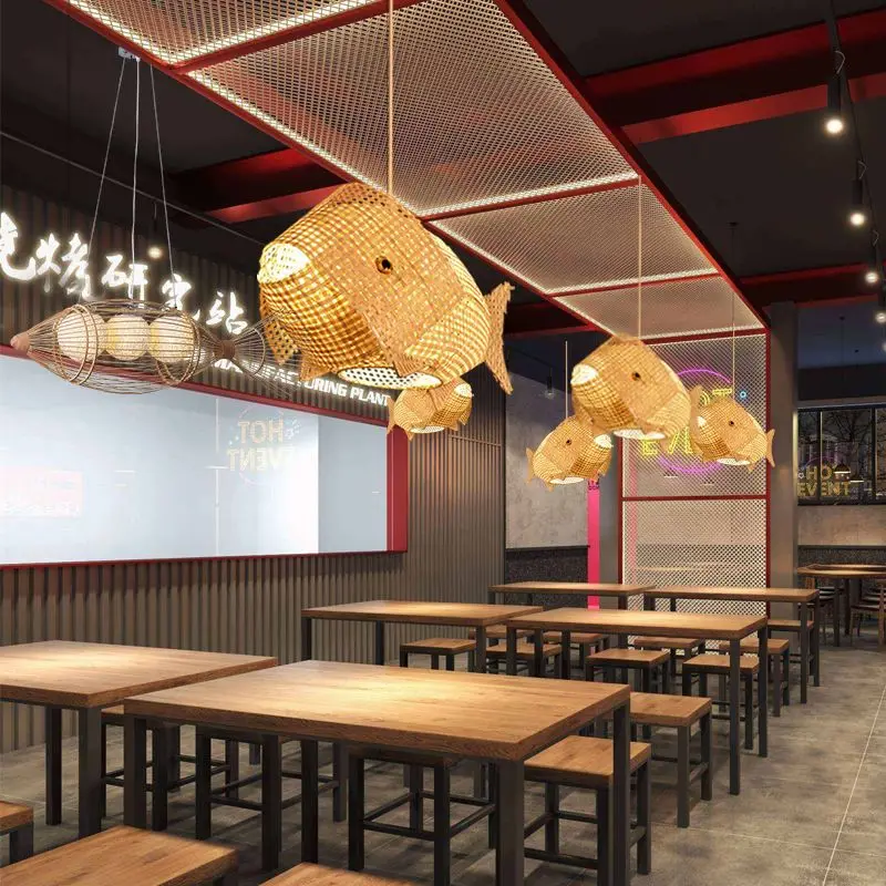 Fish Bamboo chandelier pastoral creative retro restaurant hot pot homestay tea room home decor rattan pendant lights lustres