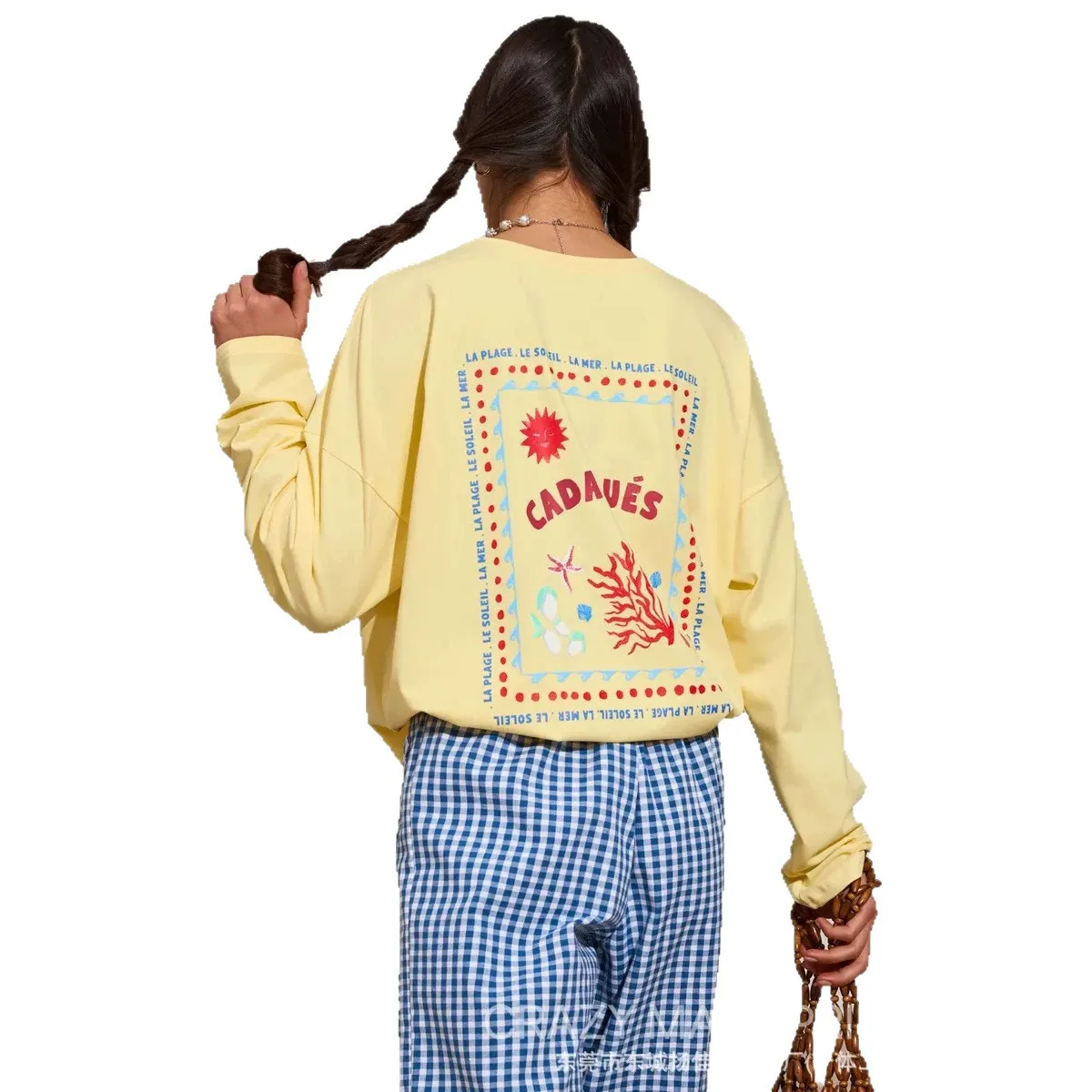 Russian Fashion Coastal Beach Coral Shell Graphic Oversized Cotton Long Sleeve Tee Women Vacation Aesthetic Casual Fall T‑Shirt