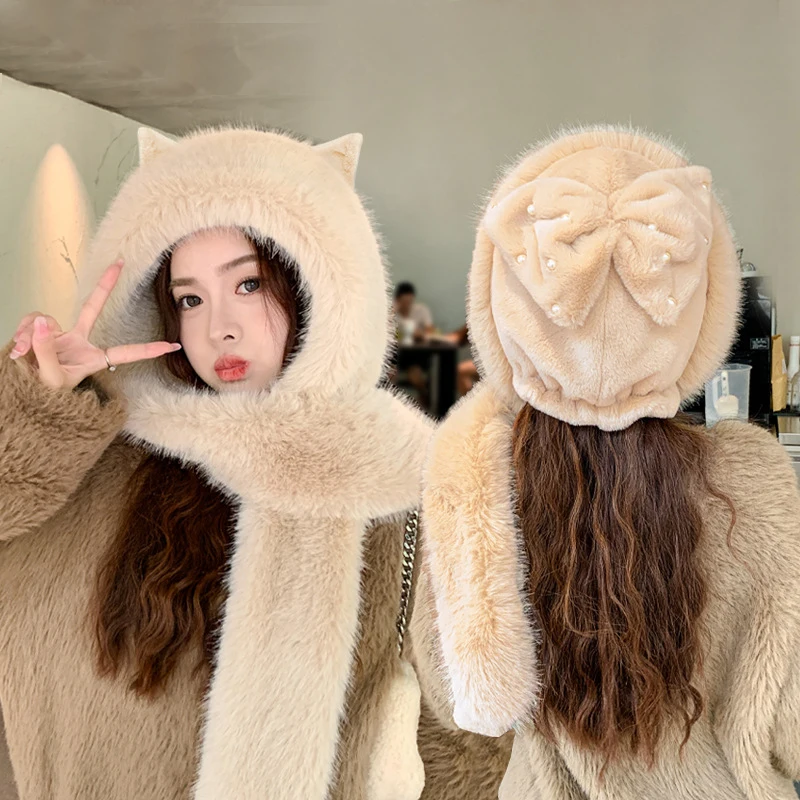 Women Fuffy Fur Hairband Hat Lovely Bowknot Bucket Hat Faux Fur Russian Bomber Hat Thick Winter Warm Beanies Headscarf Cap image 4