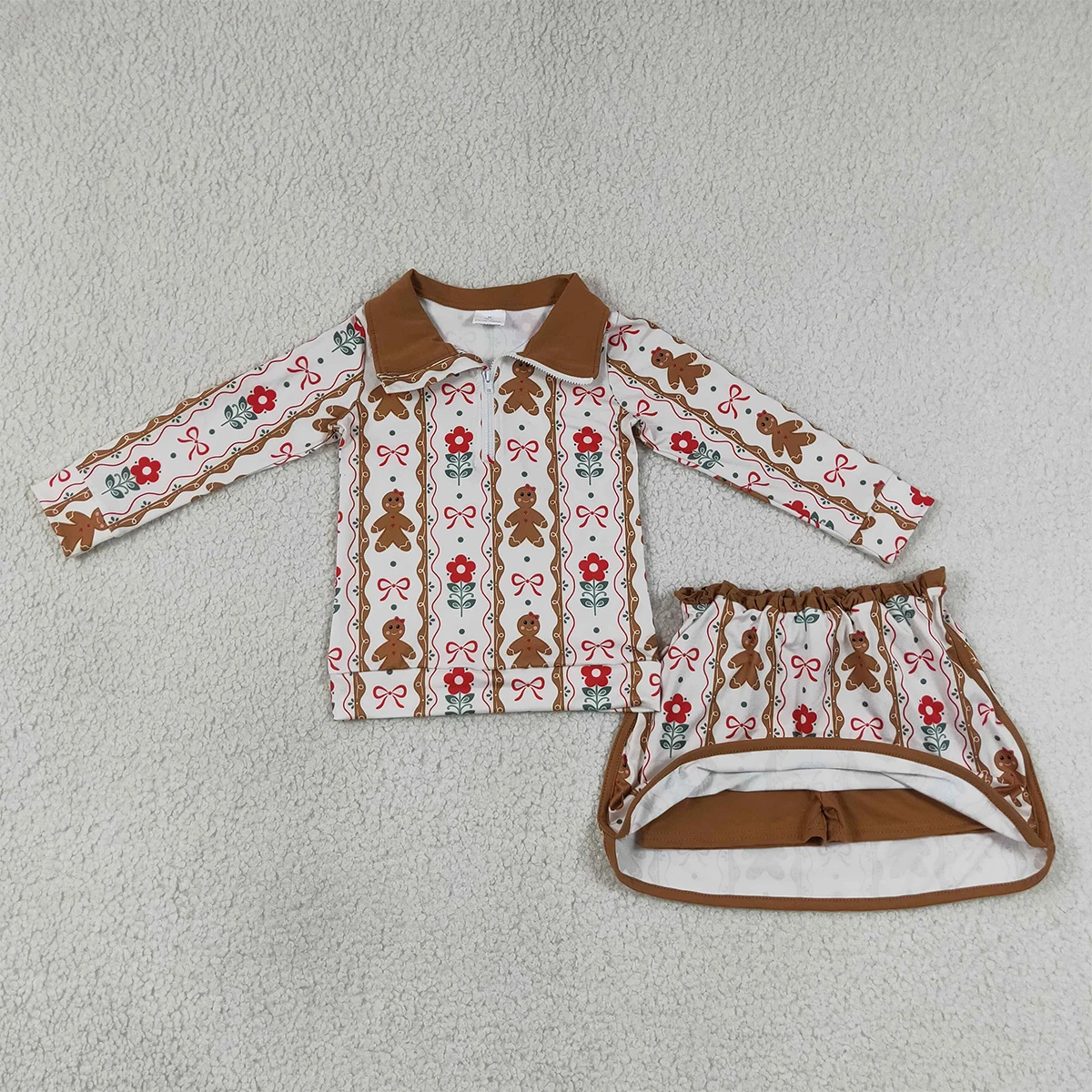 Baby Girl Cute Flowers Gingerbread Bows Stripe Zipper Top Skirt Shorts Skorts Clothes Set Toddler Kids Children Outfit Wholesale