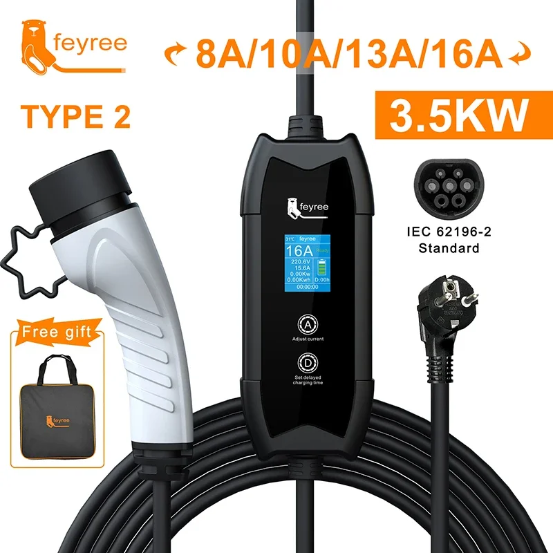 Przenośna ładowarka feyree EV Type2 / GB/T Złącze wtykowe 16A 1-fazowe 3,5KW Type1 Stacja ładowania Wallbox 3,5m do pojazdów elektrycznych