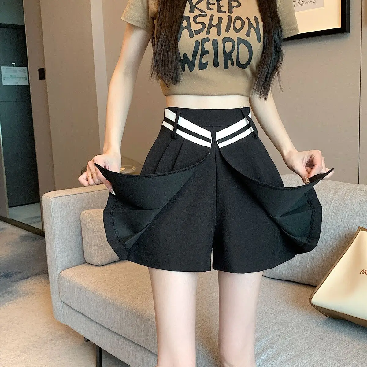 Outdoor Sex Erotic Pantskirt Summer Western Short Culottes Women Casual Wide Leg Hot Pants High Waist Pleated Skirt Mini Skirts