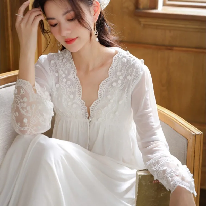 Black Braces Long Sleeve Two-Piece Female Dress Mesh White Fairy Style Nightdress Pure Cotton