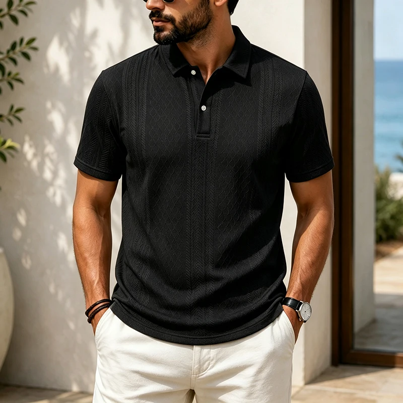 Men's Jacquard Textured Polo Shirt Loose Fit Short Sleeve Lightweight Summer Casual Golf Shirt for Daily Vacation Office Wear