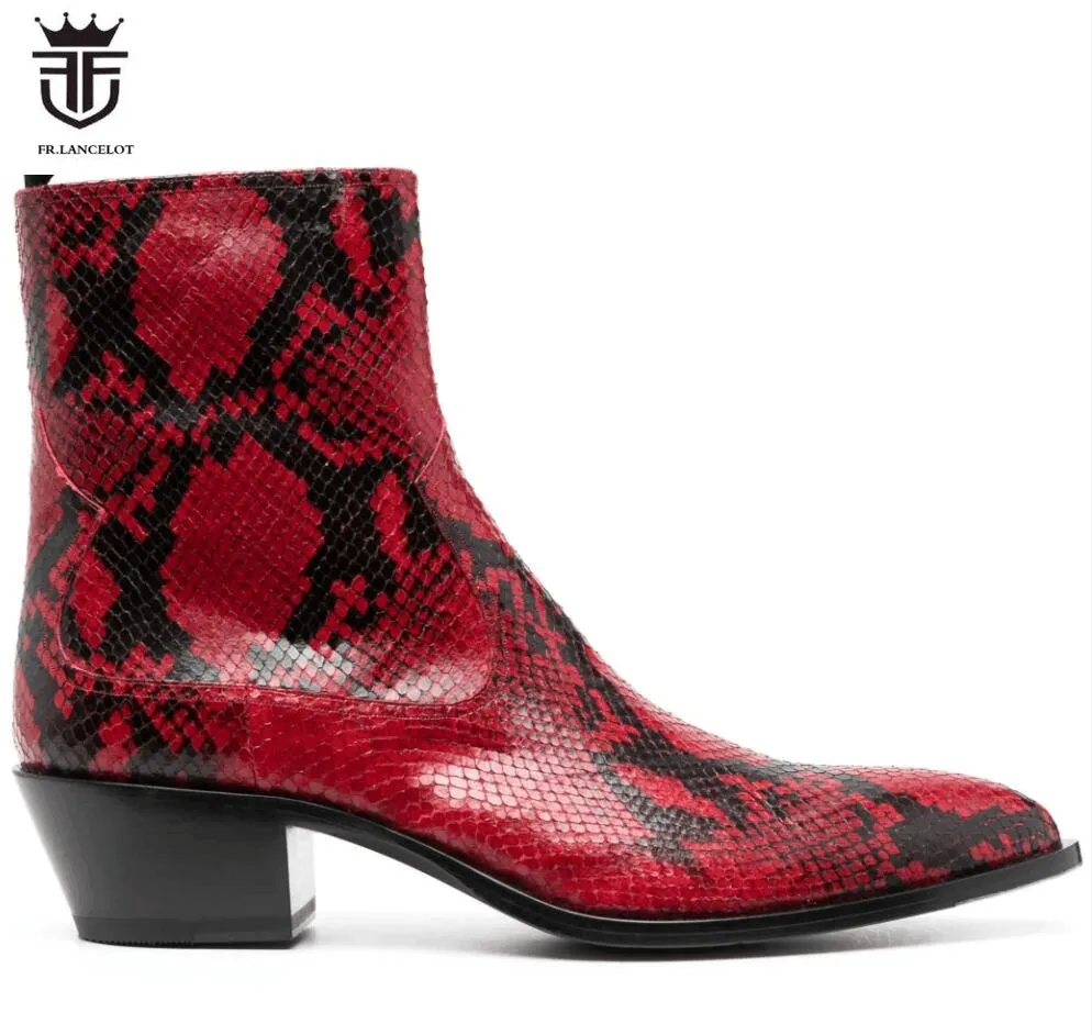 

Brand New Men Snakeskin Print Leather Boots Point Toe Red Booties Mujer Botas Zip Wedding Dress Shoes Party Male Thick Heels