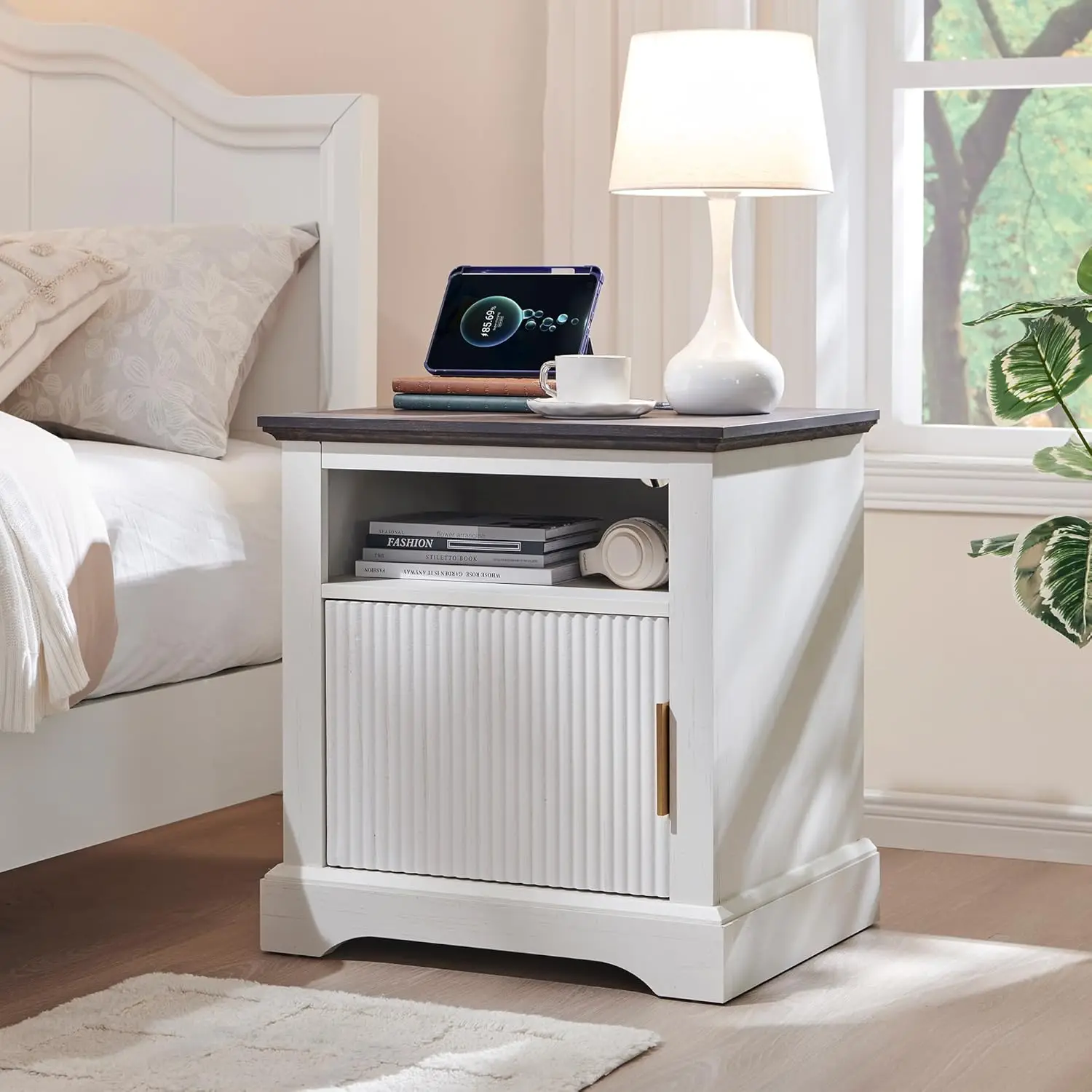 Fluted Nightstand with Charging Station, 22