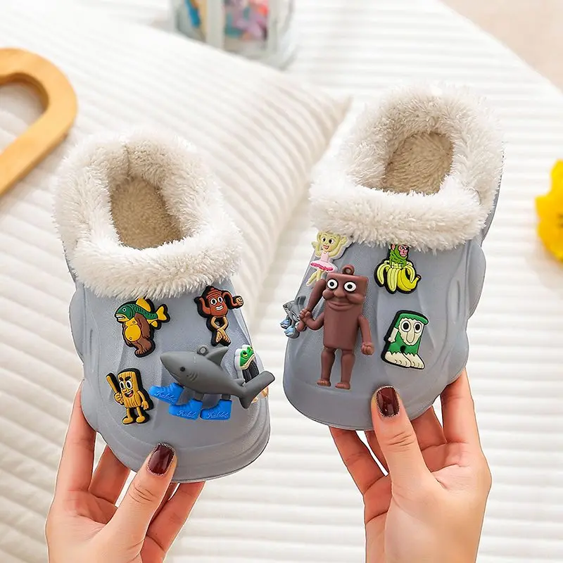 Kids Warm Plush Non Slip Cotton Slippers with Cartoon Animal Design Removable Washable Family Matching EVA Sole Indoor Shoes