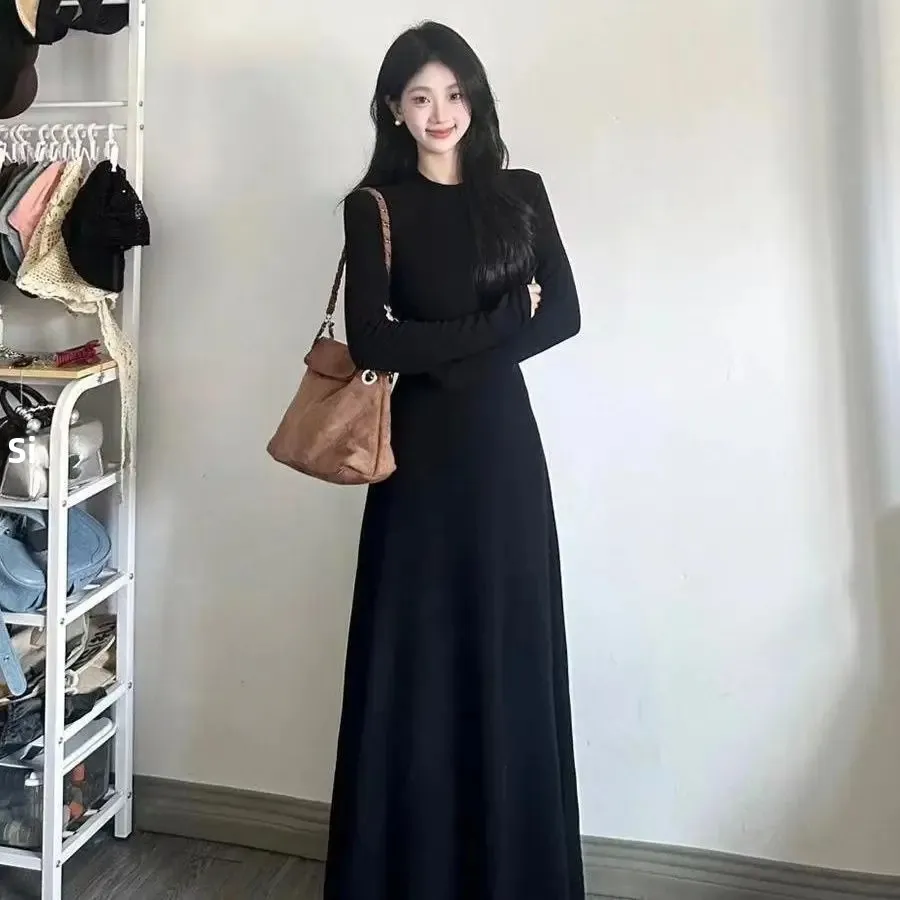 Hebe نمط أنيق فرنسي أسود فستان بكم طويل المرأة أوائل الخريف جديد الخصر مقصوص ثوب التخسيس تصميم دقيق