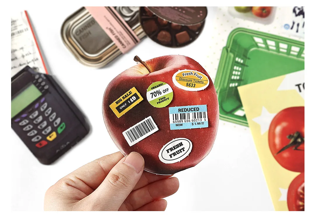 20 Blatt/Beutel, beschreibbare Haftnotizen, kreatives Muster mit Snacks, Desserts, Früchten, Alltagsmotiven, faltbare Notizen für Nachrichten und Begrüßungen – Detail 5
