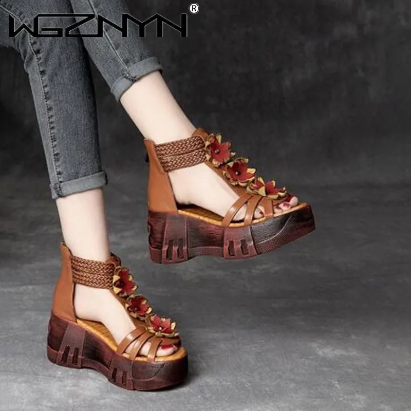 2023 Retro Summer Women Flowers Sandals Genuine PU Leather Open Toe Shoes Casual High Heel Wedges Platform Sandals Woman