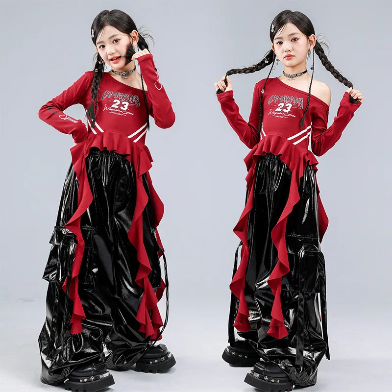 Girl K-pop Off-Shoulder Crop Top with Shiny Cargo Pants Hip Hop Streetwear Jazz Dance Clothes Set Child Group Performance Outfit