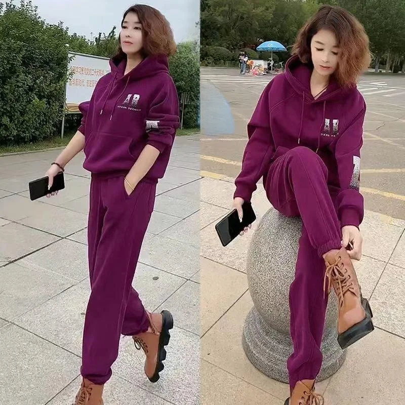 

Women's Sportswear Set Hooded Fleece Lined Thickened Casual Two-piece Autumn Winter New Fashion Anti-aging Internet Celebrity