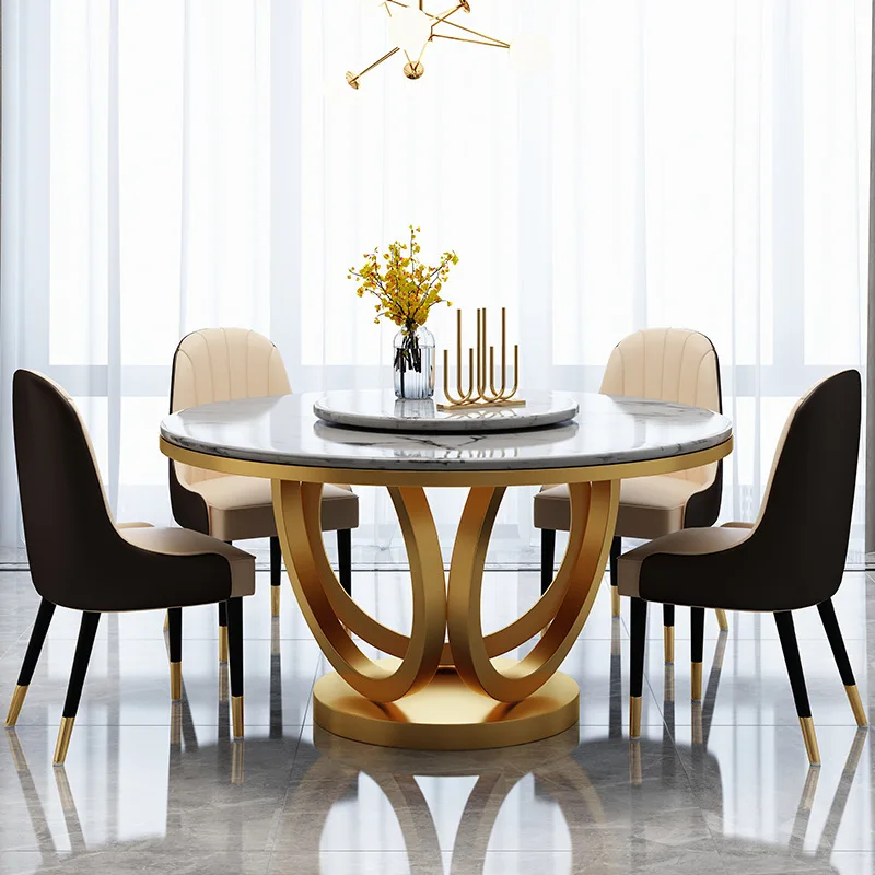 Leichter Luxus, Steinplatte, Esstisch, schlicht, modern, runder Tisch, Marmor, Edelstahlstuhl