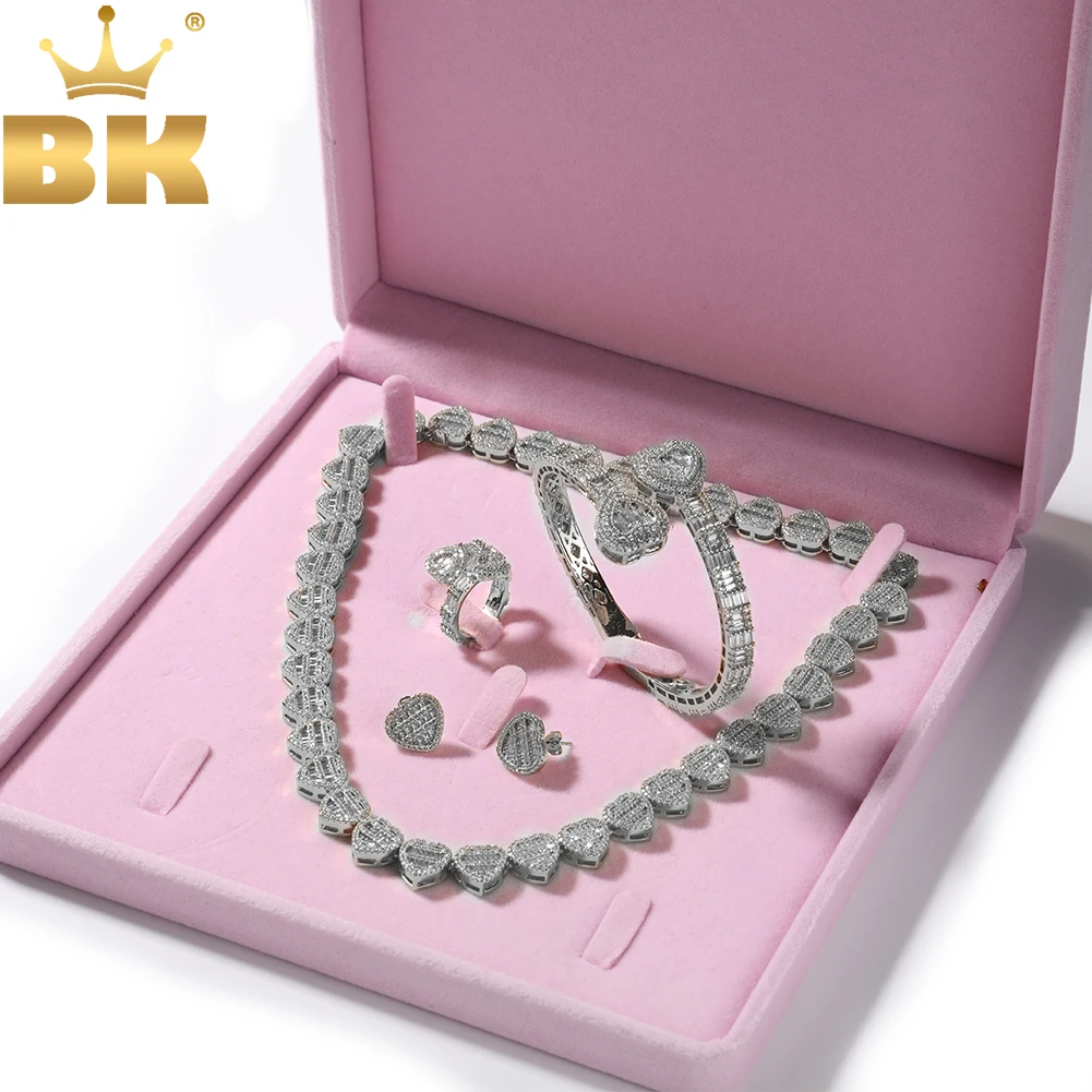 

TBTK Baguettecz Heart Collections Jewelry Set Full Iced Cubic Zirconia Love Style Collections Earring Ring Necklace Jewelry Set