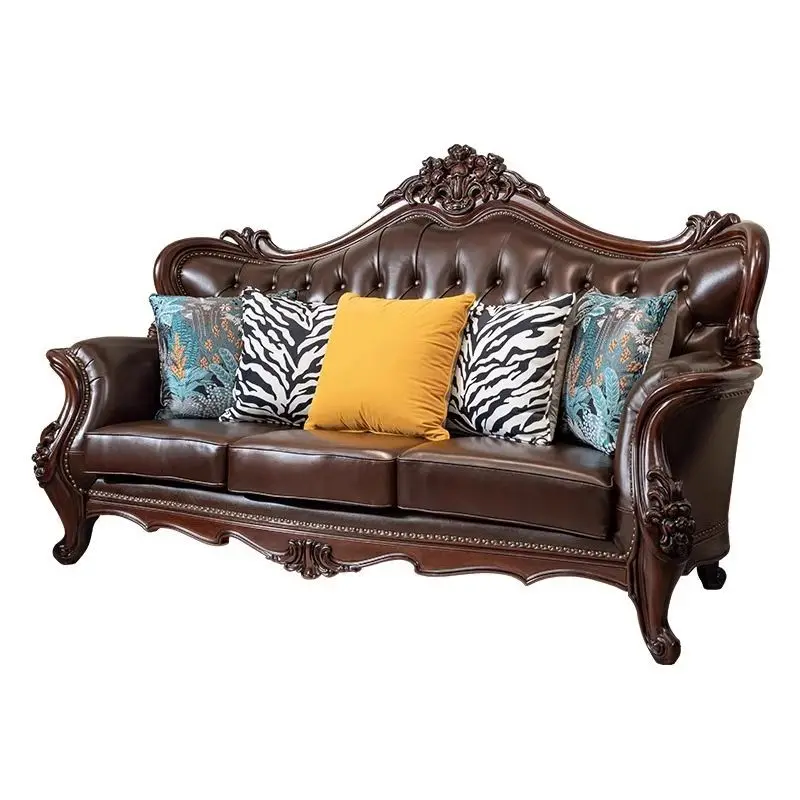 

Leather sofa luxury solid wood carving flower living room villa small apartment