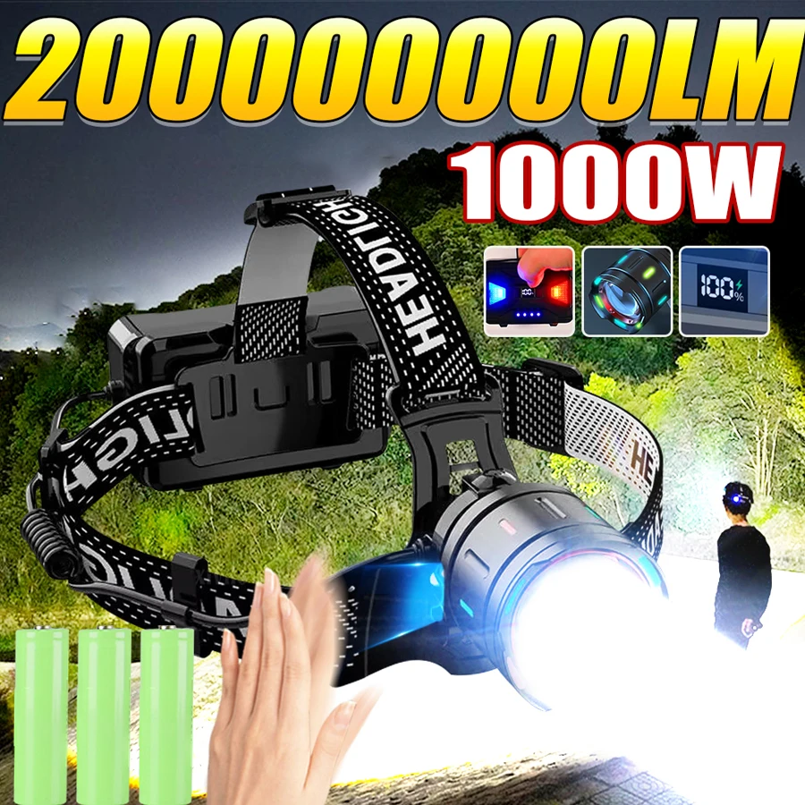 200000000LM 1000W Powerful LED Headlamp Super Bright Rechargeable Head Flashlight 3*18650 Head Torch Fishing Hunting Headlight