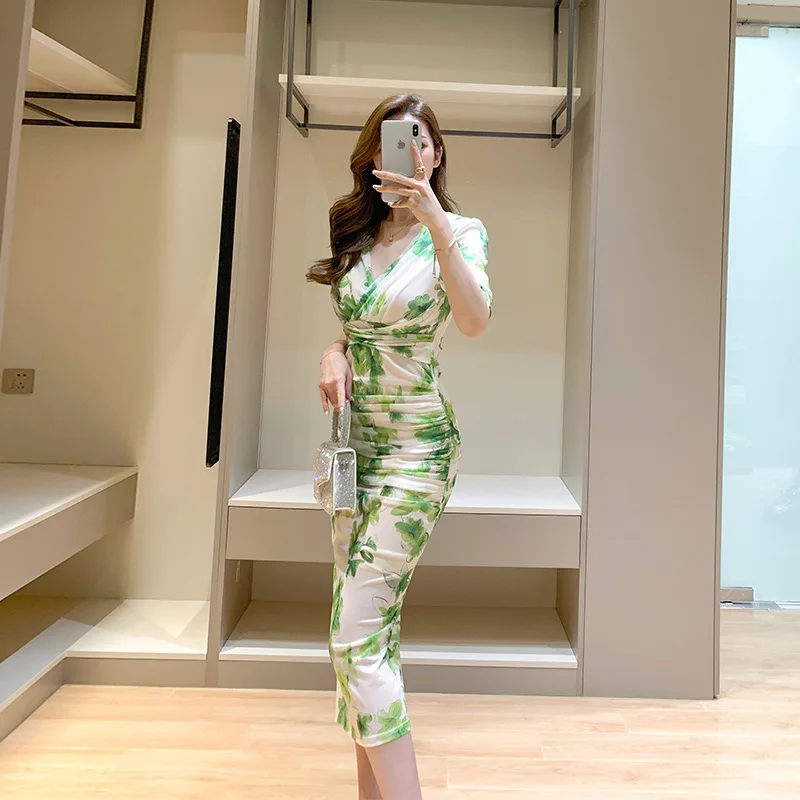 2023 Summer Fashion Formal Dress White Green Print Short Sleeve Pleated Slit Dress Elegant Slim Bodycon Office Lady Dress