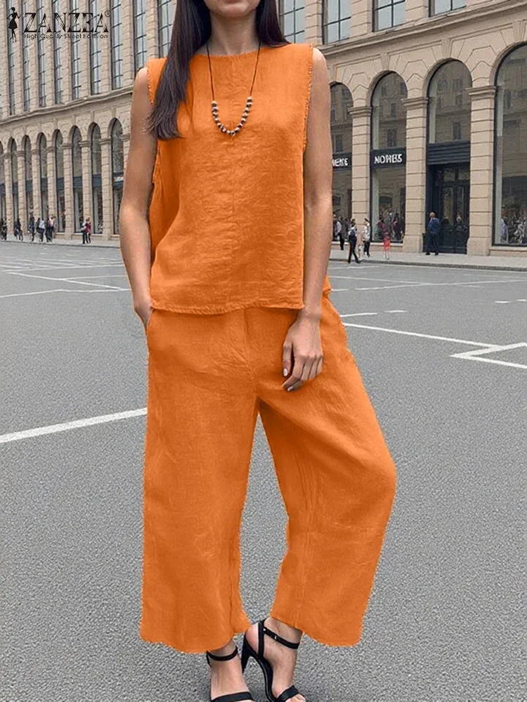 

ZANZEA 2025 Women Solid Matching Set Fashion Sleeveless Tank Outfit Casual Loose Wide Leg Pant Suit Summer Office 2PCS Tracksuit