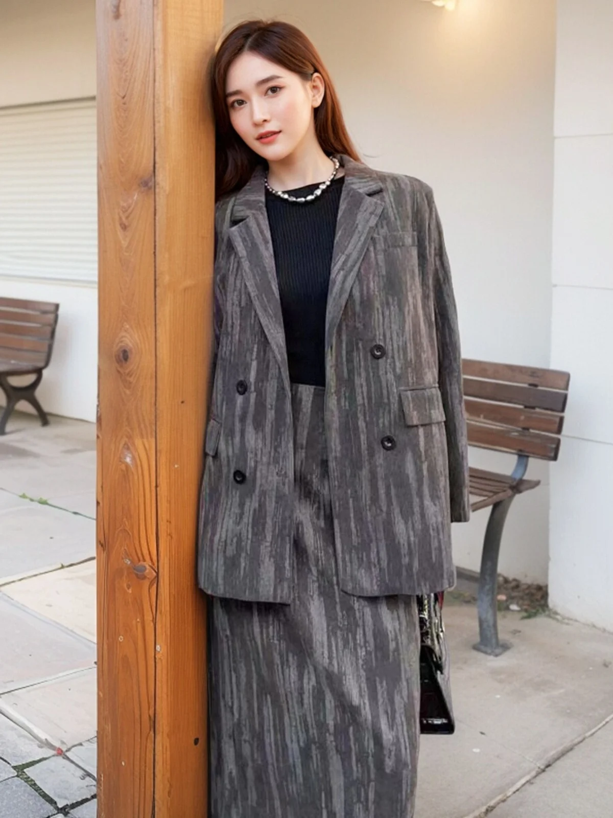 เกาหลี Sle Chic ไหล่ Pad ชุด Jaet ผู้หญิง + กระโปรงเอวสูง Casual Elegance Cotton Blend ยาว Sve ปุ่ม up