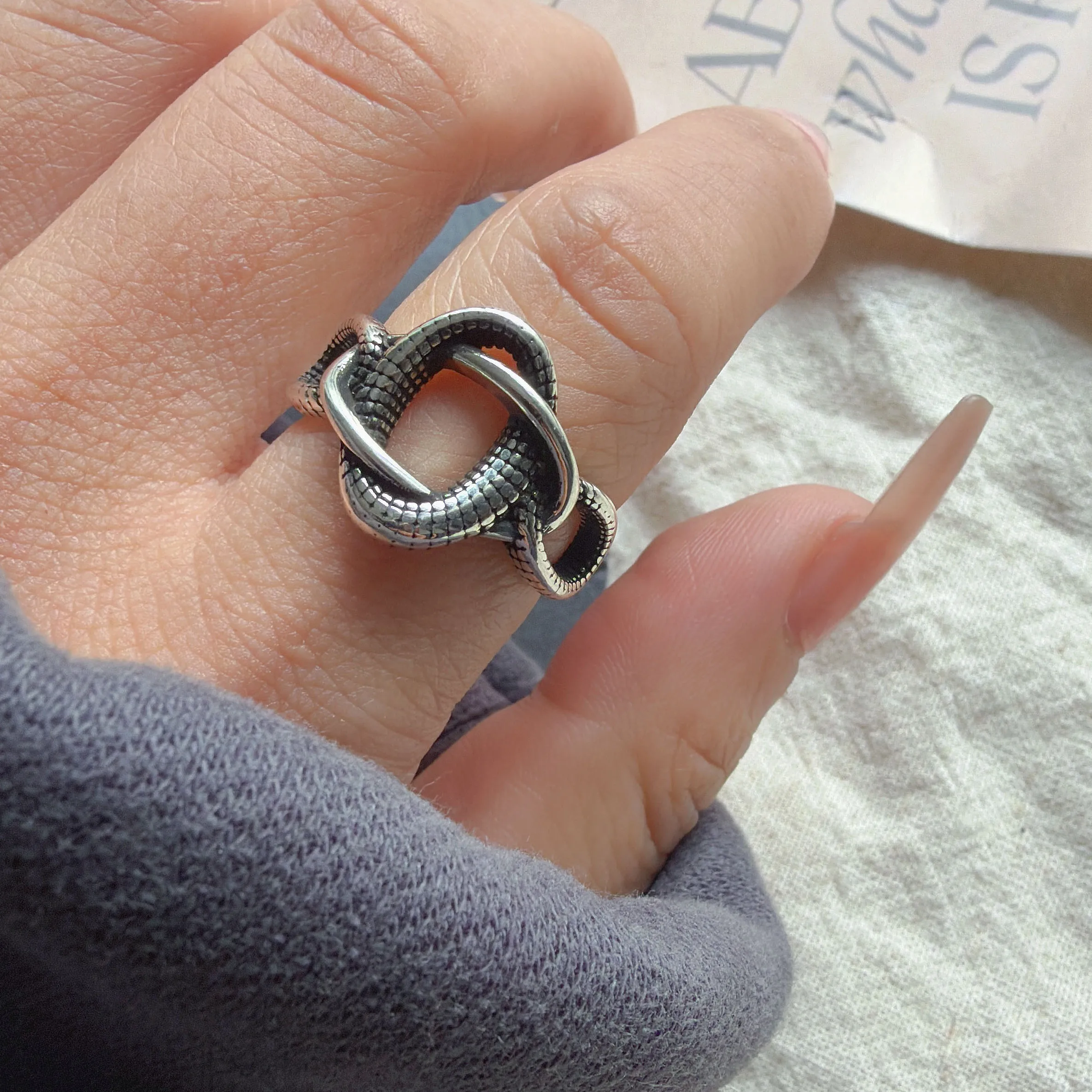 خواتم من الفضة الإسترليني عيار 925 للنساء زوجين الحد الأدنى اليدوية بسيطة كبيرة الرجعية حلقة متشابكة غرامة مجوهرات هدية منع الحساسية