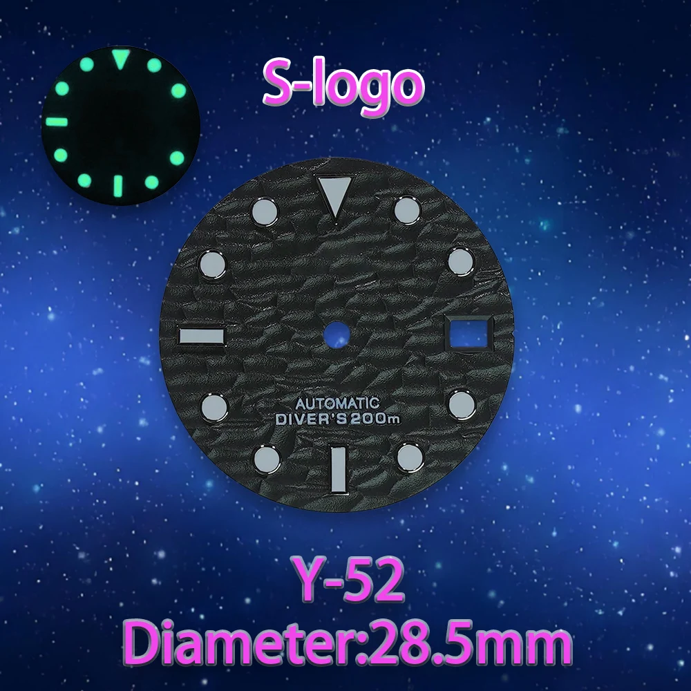 28.5 มม.คุณภาพสูง S โลโก้ 3D Ripples NH35 Dial เหมาะสําหรับ NH35/NH36 การเคลื่อนไหวสีเขียวส่องสว่าง NH35 อุปกรณ์เสริมสีเขียวส่องสว่าง ﻿