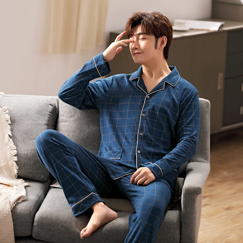 6XL Full Cotton Pijama for Men 2Piece Lounge Sleepwear Pyjamas Plaid Autumn Bedgown Home Clothes Man PJs Pure Cotton Pajamas Set