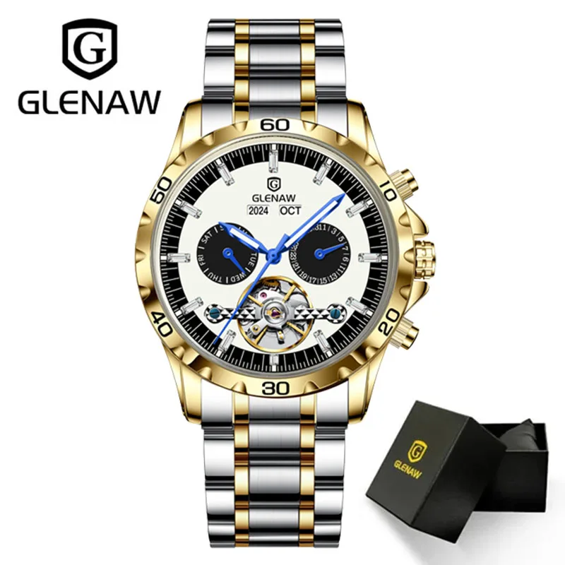 GLENAW Automatic Watches Waterproof Stainless steel Luminous Month Phase Date Watch for Men Luxury Brand Wristwatch Mechanical