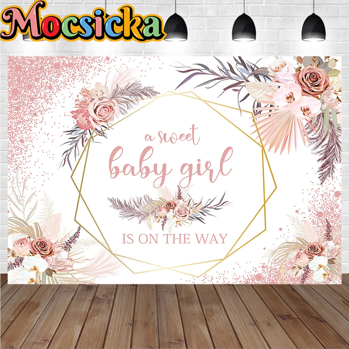 Newborn Girl Baby Shower Photography Backdrop Boho Flowers Decor Pink Shiny Poster Background Birthday Party Dessert Table Props