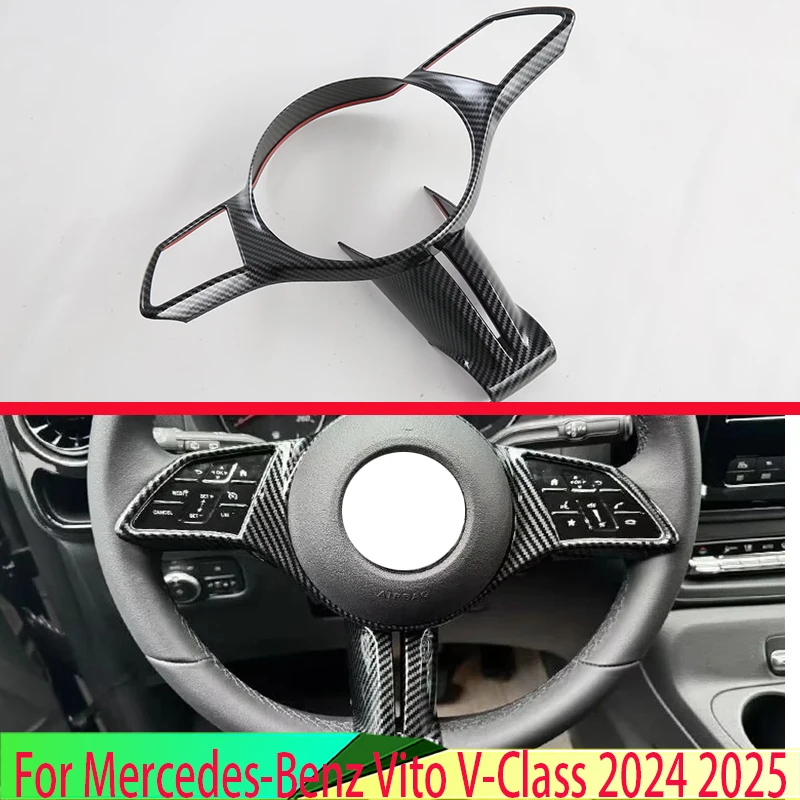 For Mercedes-Benz Vito V-Class 2024 2025 Carbon Fiber Style Steering Wheel Panel Cover Bezel Trim Insert Badge Molding Garnish