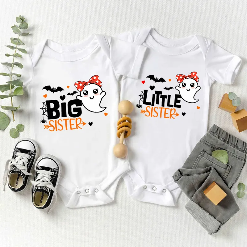 Kawaii Twins Halloween Big Little Sister Bodysuit Cotton Short Sleeve Newborn Infant Baby Onesie Toddler Romper