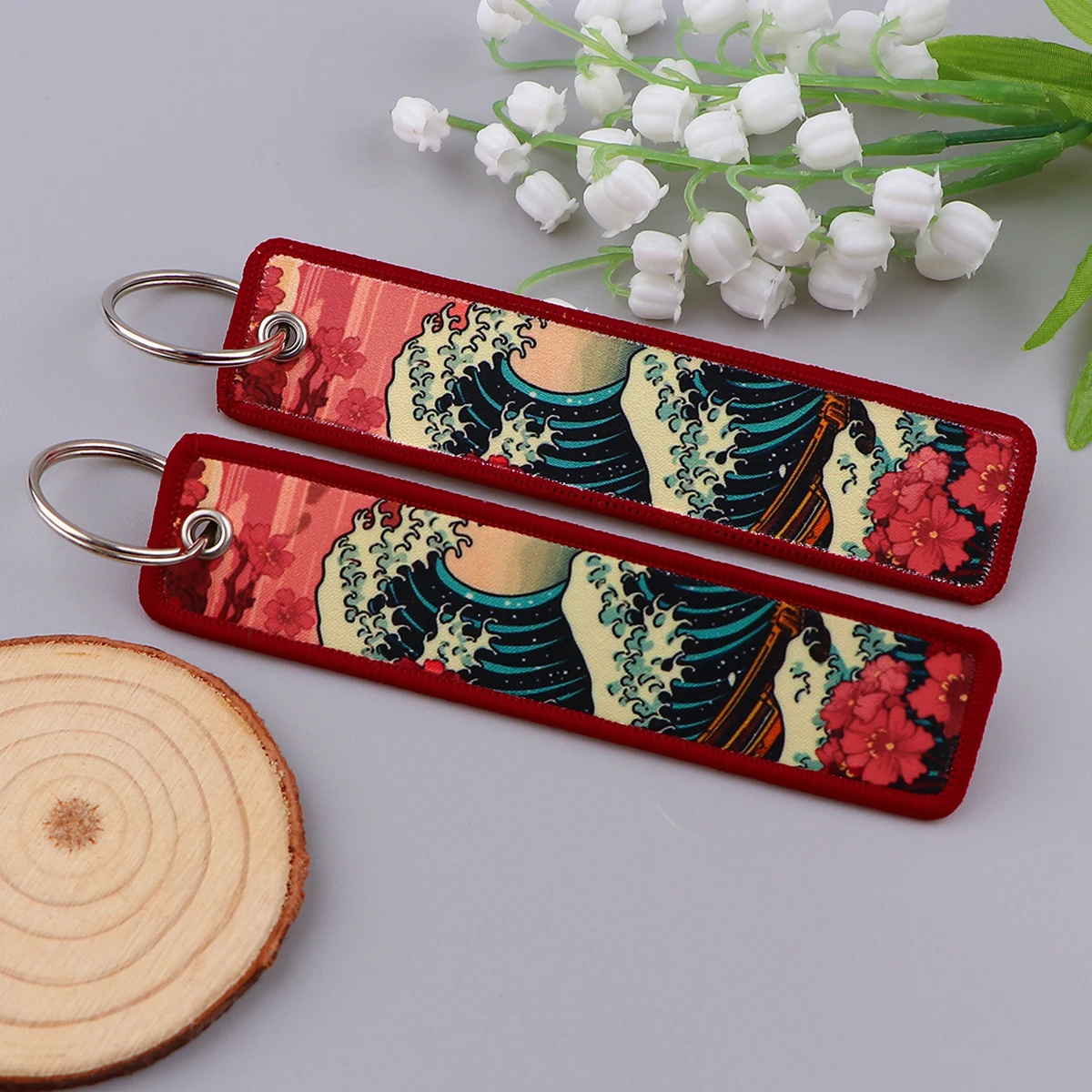 Van Gogh Embroidery Key Fobs Japanese Waves Key Tags Keychain For Motorcycles Cars Key Ring Accessories Jewelry Chaveiro Gifts