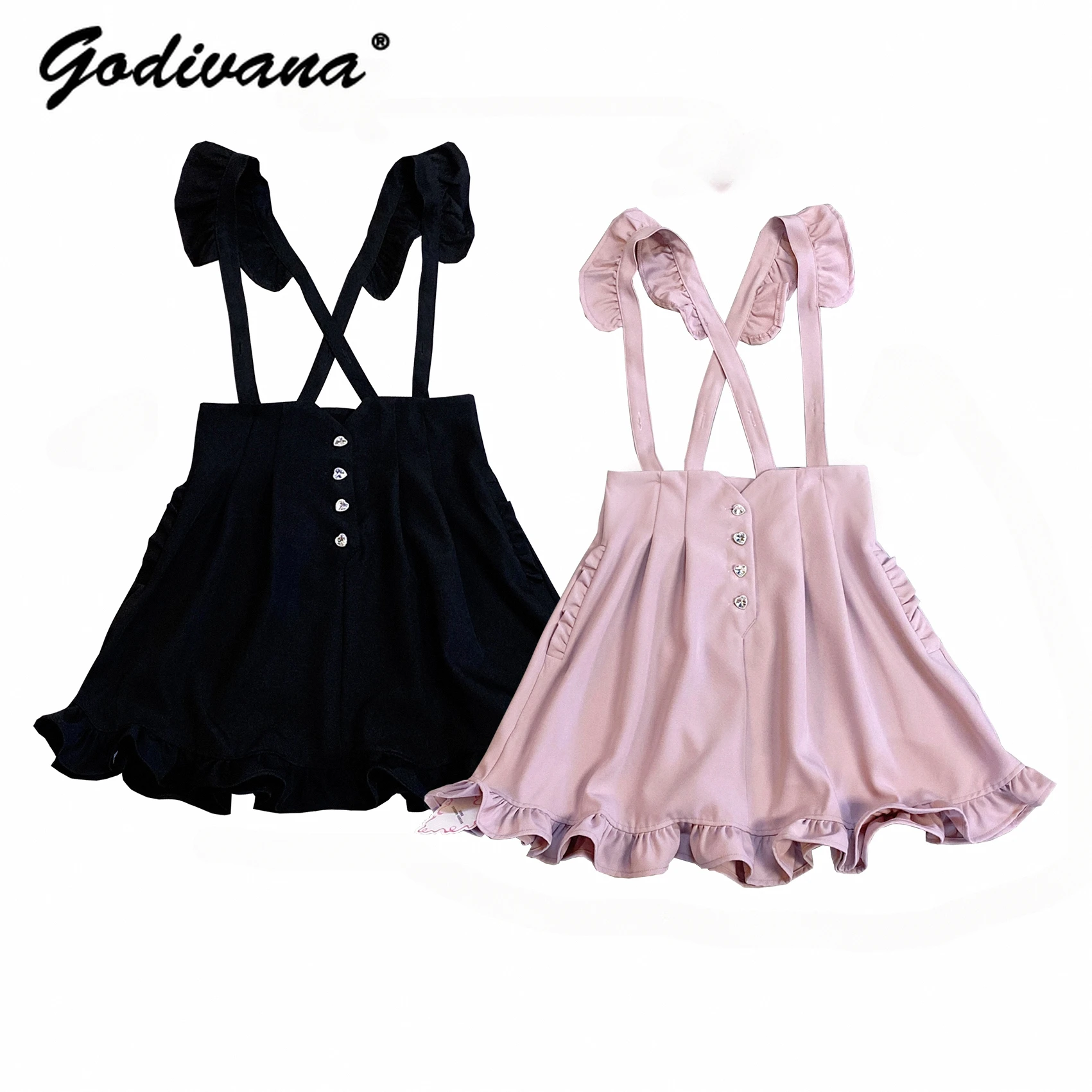 Single-Breasted Ruffled Suspender Skirt Spring and Autumn New Lady Girls Solid Color Sweet High Waist Straps Short Skirt Pants