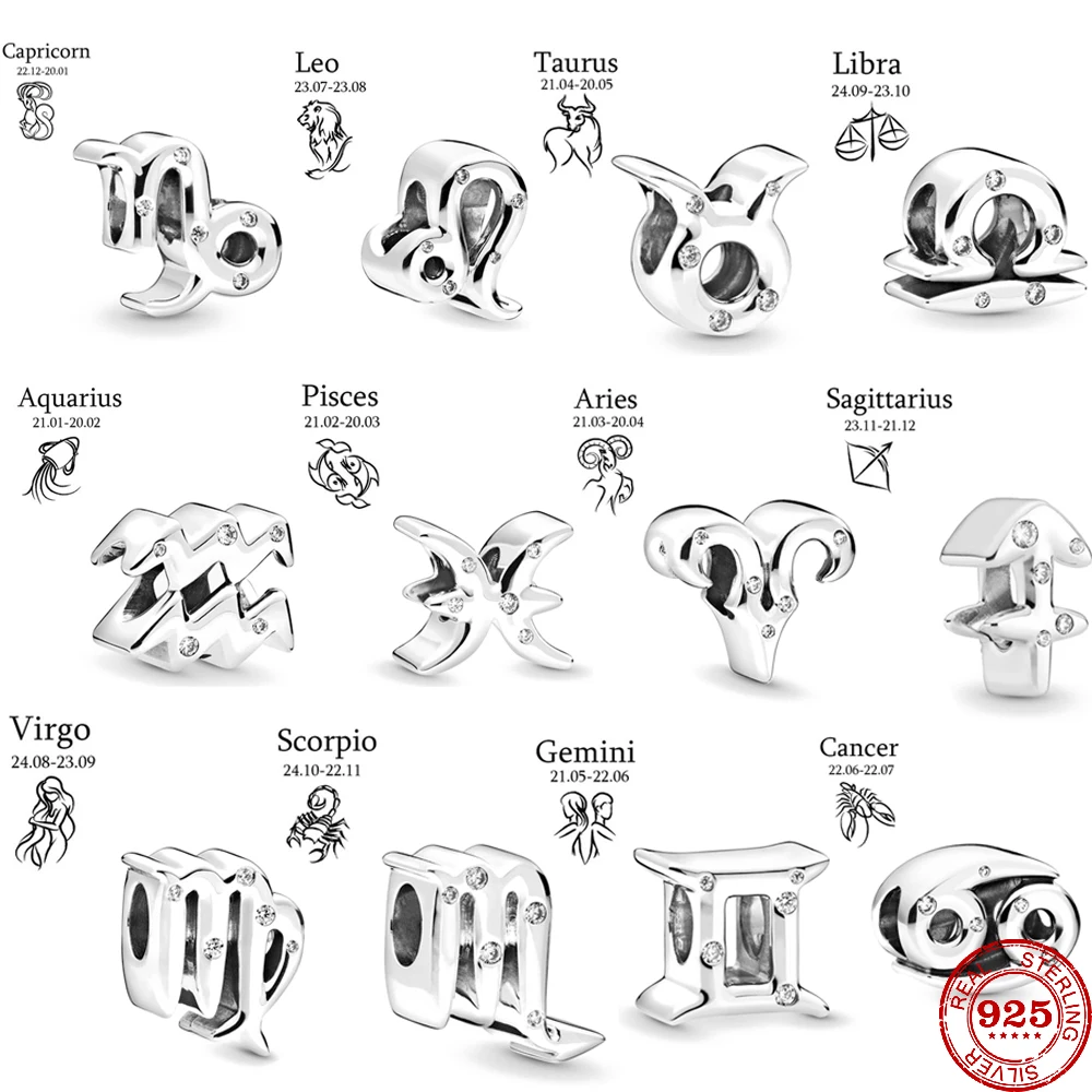 

Genuine 925 Sterling Silver 12 Constellation Zodiac DIY Beads Fit Original Pandora Bracelet Charms Jewelry