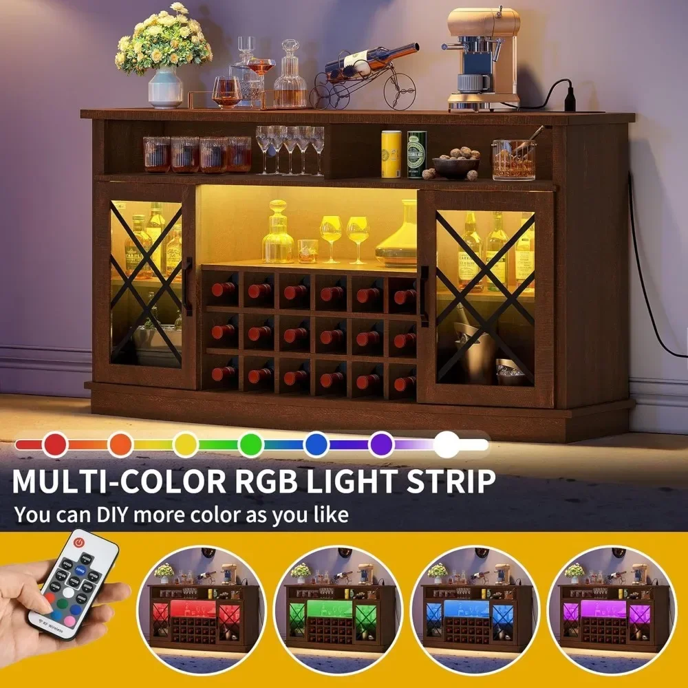 Gabinete de bar de vino minimalista nórdico con estación de carga, estante ajustable, puertas de vidrio templado, 58 pulgadas de ancho con almacenamiento