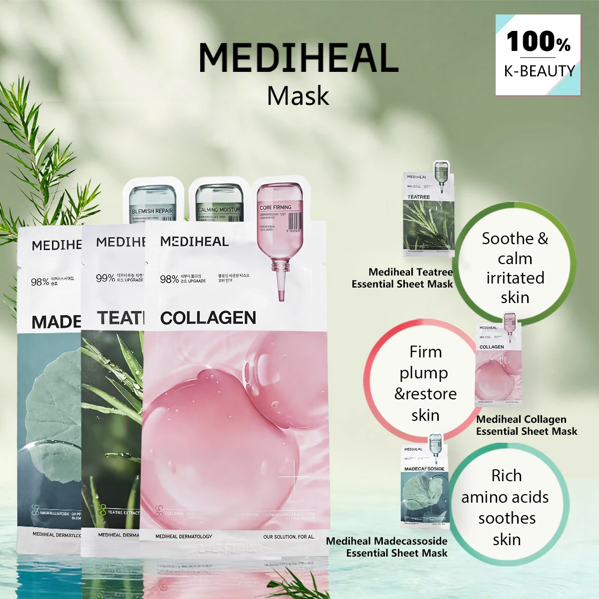MEDIHEAL Maske, Beruhigende & Reinigende Mischung, Feuchtigkeitsreiche Essenz-Blattmaske, Sofortige Feuchtigkeitsversorgung, Koreanische Hautpflege, Koreanisches Make-up