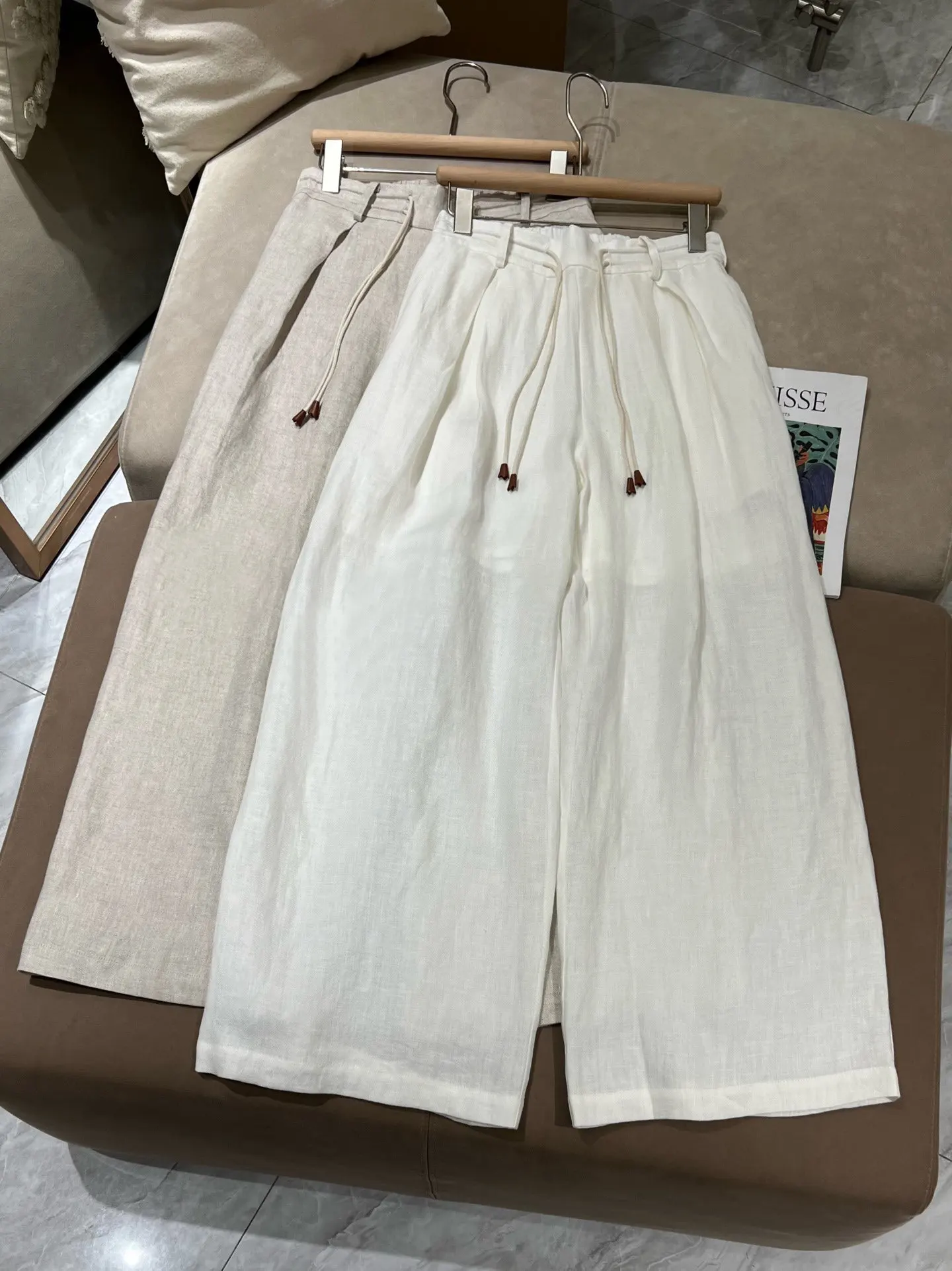 2026 Spring Summer New Women's 100% Linen Elastic Waistband Drawstring Tied Casual Pants Wide-leg Pants